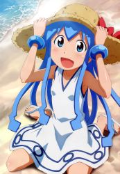 Rule 34 | 1girl, :d, absurdres, beach, blue eyes, blue hair, bracelet, dress, hat, highres, holding, holding clothes, holding hat, ikamusume, jewelry, kneeling, long hair, matching hair/eyes, official art, open mouth, sandals, shinryaku! ikamusume, smile, solo, sun hat, tentacles, tentacle hair, toes