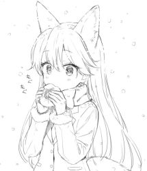 Rule 34 | 10s, 1girl, :&gt;, animal ears, blazer, blush, bow, bowtie, buttons, eating, extra ears, eyelashes, ezo red fox (kemono friends), food, food in mouth, fox ears, fox tail, fur-trimmed sleeves, fur trim, gloves, greyscale, hair between eyes, hiten (hitenkei), holding, holding food, jacket, japari bun, kemono friends, lineart, long hair, long sleeves, looking at viewer, monochrome, necktie, no nose, outdoors, pocket, raised eyebrows, snow, snowing, solo, sound effects, tail, tsurime, upper body, white background