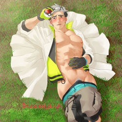 Rule 34 | 10s, 1boy, abs, blush, creatures (company), game freak, grass, highres, looking at viewer, lying, male focus, masanori, muscular, nintendo, on back, outdoors, plant, pokemon, pokemon go, solo, undressing, willow (pokemon)