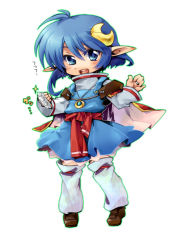 Rule 34 | 1girl, blue eyes, blue hair, cape, crescent, crescent hair ornament, crescent moon, eric flay, full body, hair ornament, hairpin, jewelry, leg warmers, loafers, matching hair/eyes, moon, pendant, pointy ears, rena lanford, shoes, short hair, skirt, smile, solo, star ocean, star ocean the second story, white legwear