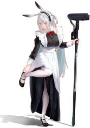 Rule 34 | 1girl, absurdres, adjusting clothes, adjusting shoe, animal ears, arknights, blue eyes, blush, bow, bowtie, breasts, buttons, collarbone, eyelashes, frills, full body, hammer, highres, holding, holding weapon, long hair, looking down, maid, maid headdress, mary janes, moli moqi, pantyhose, pinky out, rabbit ears, red bow, red bowtie, savage (arknights), shadow, shoes, sidelocks, silver hair, simple background, solo, standing, standing on one leg, weapon, white background, white pantyhose, wrist cuffs