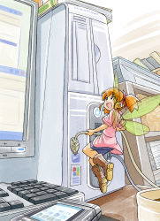 Rule 34 | 1girl, :d, bike shorts, boots, cable, ce-tan, cellphone, computer, fairy, female focus, floating, full body, computer keyboard, mini person, minigirl, monitor, open mouth, orange hair, os-tan, phone, pointy ears, rokuman kyuu, smile, solo, twintails, usb, wings