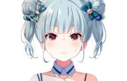 Rule 34 | 1girl, aqua hair, close-up, closed mouth, collar, collarbone, cygames, detached collar, double bun, flying sweatdrops, hair bun, hair ornament, highres, hyodou shizuku, idoly pride, looking ahead, official art, red eyes, solo, strap, sweat, transparent background, twintails