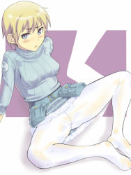 Rule 34 | 00s, 10s, 1girl, arm support, blonde hair, blue eyes, blush, brave witches, crotch, crotch seam, em (totsuzen no hakike), feet, legs, looking at viewer, military, military uniform, nikka edvardine katajainen, no shoes, outside border, pantyhose, see-through, short hair, sitting, solo, spread legs, strike witches, uniform, white pantyhose, world witches series