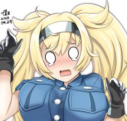 Rule 34 | 1girl, black gloves, blonde hair, blue shirt, blush, breast pocket, breasts, buttons, collared shirt, commentary request, crying, crying with eyes open, dated, gambier bay (kancolle), gloves, hair between eyes, hairband, hands up, kantai collection, large breasts, long hair, multicolored clothes, multicolored gloves, nose blush, o o, open mouth, outline, pocket, shirt, short sleeves, sidelocks, signature, simple background, solo, square mouth, tears, tk8d32, twintails, upper body, wavy mouth, white background, white gloves