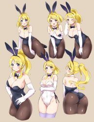 Rule 34 | 1girl, animal ears, ass, ayase eli, bare shoulders, beige background, bent over, black footwear, black leotard, black neckwear, black pantyhose, blonde hair, blue eyes, blush, bow, bowtie, breast hold, breasts, cleavage, cropped legs, detached collar, elbow gloves, fake animal ears, from behind, gloves, highleg, highleg leotard, highres, kurokawa makoto, large breasts, leaning forward, leotard, long hair, looking at viewer, love live!, love live! school idol project, multiple views, one eye closed, open mouth, pantyhose, playboy bunny, rabbit ears, shiny clothes, shoes, simple background, sitting, smile, thigh gap, thighhighs, white gloves, white leotard, white thighhighs