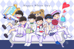 Rule 34 | 10s, 6+boys, :&gt;, :d, alternate eye color, blue eyes, bouquet, bow, bowtie, brothers, brown hair, couch, eyewear on head, flower, formal, gift, green eyes, grin, hat, heart, heart in mouth, male focus, matsuno choromatsu, matsuno ichimatsu, matsuno jyushimatsu, matsuno karamatsu, matsuno osomatsu, matsuno todomatsu, multiple boys, necktie, nightcat, one eye closed, open mouth, osomatsu-kun, osomatsu-san, pink eyes, purple eyes, red eyes, rose, sextuplets, shorts, siblings, sitting, sleeves past wrists, smile, stuffed animal, stuffed toy, suit, sunglasses, teddy bear, traditional bowtie, white day, yellow eyes