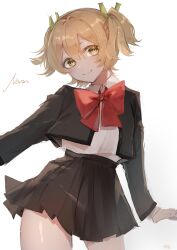 Rule 34 | 1girl, absurdres, artist name, blonde hair, bow, bowtie, character name, closed mouth, collared shirt, commentary, contrapposto, cowboy shot, daiba nana, gradient background, green ribbon, grey background, grey jacket, grey skirt, hair between eyes, hair ribbon, head tilt, hibiya saeki, high-waist skirt, highres, jacket, long sleeves, looking at viewer, miniskirt, open clothes, open jacket, pleated skirt, red bow, red bowtie, ribbon, school uniform, seishou music academy uniform, shirt, shirt tucked in, short hair, short twintails, shoujo kageki revue starlight, sketch, skirt, smile, solo, standing, twintails, white background, white shirt, yellow eyes