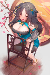 Rule 34 | 1girl, animal ears, anklet, azur lane, barefoot, bell, black hair, blue dress, blush, branch, breasts, cat ears, chair, chinese clothes, cleavage, detached sleeves, dress, forehead, framed breasts, from above, highres, indoors, jewelry, jingle bell, kelly 0w0, large breasts, long hair, looking at viewer, looking up, official alternate costume, ooshio (azur lane), ooshio (bringer of fortunes) (azur lane), open mouth, oppai loli, petals, red eyes, sakura empire (emblem), seiza, sitting, smile, solo, tree, wooden floor