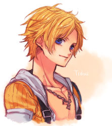 Rule 34 | 1boy, blonde hair, blue eyes, chain necklace, character name, collarbone, final fantasy, final fantasy x, hood, hood down, hoodie, jewelry, looking at viewer, male focus, nagiyuki (zintoki), necklace, open clothes, open hoodie, parted bangs, portrait, short hair, solo, tidus, upper body, white background, white hood, yellow hood
