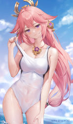 Rule 34 | 1girl, alternate costume, animal ears, bare arms, bare shoulders, blue sky, breasts, cleavage, closed mouth, cloud, collarbone, contrapposto, covered navel, cowboy shot, day, earrings, floating hair, floppy ears, fox ears, genshin impact, hair between eyes, hair ornament, hand on own thigh, hand up, head tilt, highleg, highleg swimsuit, highres, ingurei397, jewelry, large breasts, long hair, looking at viewer, low-tied long hair, nail polish, necklace, one-piece swimsuit, outdoors, pink hair, pink nails, purple eyes, see-through, sideboob, sidelocks, sky, smile, solo, strap pull, swimsuit, thighs, twitter username, very long hair, wading, water, wet, white one-piece swimsuit, yae miko