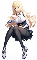 Rule 34 | 1girl, alternate costume, black choker, black pantyhose, black ribbon, black skirt, blonde hair, blush, breasts, choker, cleavage, closed mouth, collar, commentary request, duplicate, fine fabric emphasis, full body, hand up, highres, knees together feet apart, large breasts, legs, long hair, long sleeves, looking at viewer, mythra (xenoblade), neck ribbon, pantyhose, pixel-perfect duplicate, ribbon, ririko (zhuoyandesailaer), shirt, shoes, simple background, skirt, solo, swept bangs, thighband pantyhose, v-shaped eyebrows, very long hair, wavy mouth, white background, white footwear, white shirt, xenoblade chronicles (series), xenoblade chronicles 2, yellow eyes