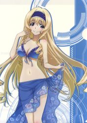 Rule 34 | 1girl, absurdres, bikini, blonde hair, blue bikini, blue eyes, blue hairband, blue ribbon, blush, breasts, cecilia alcott, cleavage, collarbone, floating hair, floral print, flower, frilled hairband, frills, hair between eyes, hairband, halterneck, highres, infinite stratos, long hair, looking at viewer, medium breasts, navel, official art, ribbon, sarong, shiny skin, skirt hold, smile, solo, standing, swimsuit, very long hair
