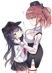 Rule 34 | 2girls, ?, absurdres, akatsuki (kancolle), anchor hair ornament, anchor symbol, atlanta (kancolle), black hair, black headwear, black sailor collar, black skirt, breasts, brown hair, cheek pinching, commentary request, dress shirt, earrings, eye contact, eyebrows, fathom, flat cap, garrison cap, grey eyes, hair between eyes, hair ornament, hat, height difference, high-waist skirt, highres, jewelry, kantai collection, large breasts, long hair, long sleeves, looking at another, multiple girls, neckerchief, pinching, purple eyes, red neckerchief, sailor collar, school uniform, serafuku, shirt, simple background, skirt, star (symbol), star earrings, thigh strap, two side up, white background, white shirt