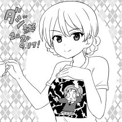 Rule 34 | argyle, argyle background, argyle clothes, birthday, braid, breasts, cat shooting lightning, character name, character print, cup, darjeeling (girls und panzer), dated, electricity, girls und panzer, greyscale, hand on own chest, holding, holding cup, looking at viewer, lowres, monochrome, nanashiro gorou, orange pekoe (girls und panzer), print shirt, shirt, short sleeves, smile, solo, swept bangs, t-shirt, teacup, twin braids, v-neck