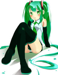 Rule 34 | 1girl, arm support, bad id, bad pixiv id, blush, boots, detached sleeves, green eyes, green hair, hatsune miku, head rest, kakamittsu, crossed legs, long hair, matching hair/eyes, necktie, panties, pantyshot, sasami (hallo), sitting, skirt, solo, thigh boots, thighhighs, twintails, underwear, upskirt, very long hair, vocaloid