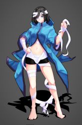 Rule 34 | 1girl, absurdres, bandaged arm, bandaged hand, bandaged head, bandaged leg, bandages, barefoot, black hair, black outline, blue eyes, bow, bright pupils, closed mouth, grey background, h.pn, halloween, hand on own hip, highres, holding, hood, hood down, long sleeves, medium hair, mummy costume, navel, original, outline, simple background, solo, standing, white bow, white pupils, wide sleeves
