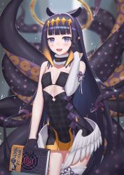 Rule 34 | 1girl, ao-chan (ninomae ina&#039;nis), black dress, black gloves, blue eyes, blunt bangs, blush, book, detached sleeves, dress, fang, flat chest, gloves, halo, highres, holding, holding book, hololive, hololive english, long hair, looking at viewer, mole, mole under eye, ninomae ina&#039;nis, ninomae ina&#039;nis (1st costume), open mouth, purple hair, solo, suikunart, tentacle hair, tentacles, virtual youtuber