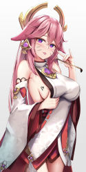 Rule 34 | 1girl, absurdres, animal ears, bare shoulders, blouse, blush, breasts, detached sleeves, fox ears, genshin impact, hair ornament, highres, japanese clothes, jewelry, kimono, large breasts, long hair, looking at viewer, necklace, pendant, pink hair, purple eyes, red skirt, shirt, sideboob, sidelocks, skai kun, skirt, sleeveless, sleeveless kimono, sleeveless shirt, smile, solo, thighs, tongue, tongue out, very long hair, white kimono, white shirt, wide sleeves, yae miko
