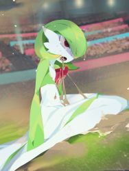 Rule 34 | 1girl, blurry, blurry background, bob cut, colored skin, creatures (company), crowd, female focus, flat chest, from side, game freak, gardevoir, gen 3 pokemon, green hair, green skin, hair over one eye, highres, idkuroi, legs, multicolored skin, nintendo, on ground, one eye covered, open mouth, outdoors, pokemon, pokemon (creature), pokemon swsh, red eyes, short hair, sitting, solo, stadium, sweat, tears, two-tone skin, vomit, vomiting, wariza, white skin