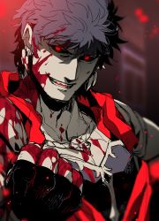 Rule 34 | 1boy, black sclera, blood, blood on face, blood on hands, caligula (fate), colored sclera, fate/grand order, fate (series), glowing, grin, koshiro itsuki, male focus, red eyes, smile, solo