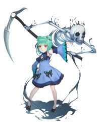Rule 34 | 1girl, absurdres, animal print, aoman de cangshu, arm up, armpits, blue dress, bottomless, bug, butterfly, butterfly print, closed mouth, detached sleeves, double bun, dress, flat chest, full body, green hair, hair bun, hair ornament, hand on own hip, highres, holding, holding scythe, hololive, insect, looking at viewer, necromancer, red eyes, scythe, shadow, short hair, simple background, skeleton, skull hair ornament, smile, solo, uruha rushia, uruha rushia (1st costume), virtual youtuber, white background