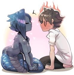 Rule 34 | 1boy, 1girl, about to kiss, blue hair, blush, breasts, brown hair, closed eyes, colored skin, embarrassed, fate (series), fujimaru ritsuka (male), grey skin, kneeling, lamia, lamia (fate), large breasts, looking at another, monster girl, naga raja (fate), short hair, sido (slipknot), sweat, tail, white background