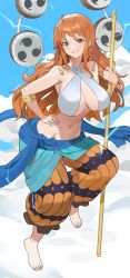 Rule 34 | 1girl, armlet, breasts, brown eyes, cleavage, cosplay, earrings, enel, enel (cosplay), grin, halterneck, hand on own hip, harem outfit, highres, hood (james x), jewelry, large breasts, looking at viewer, nami (one piece), navel, one piece, orange hair, sash, smile, solo