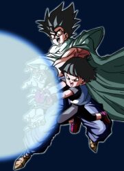 Rule 34 | black hair, cape, dragon ball, dragon ball super, energy, father-daughter kamehameha, father and daughter, glasses, happy, highres, kamehameha (dragon ball), muscular, muscular male, pan (dragon ball), screaming, smile, son gohan, spiked hair, tagme