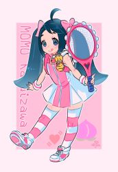 Rule 34 | 1girl, ball, capcom, child, full body, highres, justice gakuen, karuizawa momo, pantyhose, racket, ribbon, shoes, sneakers, solo, standing, striped clothes, striped pantyhose, tennis, tennis ball, tennis racket, tongue, tongue out, twintails