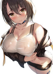 Rule 34 | 1girl, arm under breasts, azur lane, baltimore (azur lane), baltimore (black ace) (azur lane), bandaid, bare shoulders, black hair, black jacket, black shorts, blush, braid, breasts, brown eyes, choker, cleavage, closed mouth, collarbone, hair between eyes, jacket, large breasts, long sleeves, looking at viewer, off shoulder, official alternate costume, open clothes, open jacket, shirt, short hair, short shorts, shorts, simple background, solo, sweat, sweatdrop, wet, wet clothes, wet shirt, white background, white shirt, xe (execut3r)