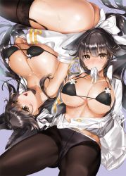 Rule 34 | 2girls, animal ears, ass, atago (azur lane), azur lane, black hair, black legwear, blush, bow, breast hold, breasts, brown eyes, cleavage, clothes lift, crotch seam, garter straps, gloves, gluteal fold, hair bow, hair flaps, hair ribbon, huge breasts, large breasts, long hair, looking at viewer, lying, mole, mole under eye, mouth hold, multiple girls, no panties, off shoulder, on back, open clothes, open mouth, open shirt, panties, panties under pantyhose, pantyhose, ponytail, ribbon, shirt, simple background, skirt, skirt lift, smile, sweat, takao (azur lane), thighband pantyhose, thighhighs, twisted torso, underwear, white gloves, white panties, yanyo (ogino atsuki)