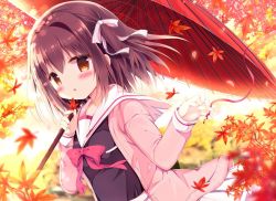 Rule 34 | 1girl, azumi kazuki, black shirt, blurry, blurry foreground, blush, bow, brown eyes, brown hair, cardigan, commentary request, depth of field, fingernails, hair between eyes, hair bow, hands up, holding, holding leaf, holding umbrella, leaf, long hair, long sleeves, maple leaf, oil-paper umbrella, one side up, open cardigan, open clothes, original, pink cardigan, pleated skirt, red bow, red umbrella, sailor collar, school uniform, serafuku, shirt, skirt, sleeves past wrists, solo, umbrella, white bow, white sailor collar, white skirt