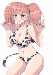 Rule 34 | 1girl, alternate costume, anchor hair ornament, animal print, atlanta (kancolle), bikini, black nails, breasts, brown hair, cow print, cow tail, cowboy shot, earrings, fake tail, grey eyes, hair ornament, highres, jewelry, kantai collection, large breasts, long hair, nail polish, navel, otobi, print bikini, simple background, single earring, solo, standing, star (symbol), star earrings, swimsuit, tail, two side up, white background, white nails