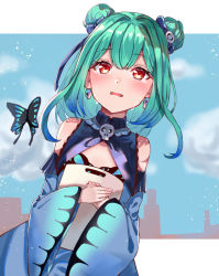 Rule 34 | 1girl, animal print, bare shoulders, blue dress, blush, brooch, bug, butterfly, butterfly print, colored tips, crying, crying with eyes open, cutting board, detached collar, detached sleeves, double bun, dress, earrings, frilled dress, frills, green hair, hair bun, hair ornament, hair ribbon, highres, hololive, hololive fantasy, insect, jewelry, looking at viewer, multicolored hair, open mouth, red eyes, ribbon, scenery, short dress, short hair, skull earrings, skull hair ornament, solo, strapless, strapless dress, tears, tenpura noraneko, uruha rushia, uruha rushia (1st costume), virtual youtuber, wide sleeves