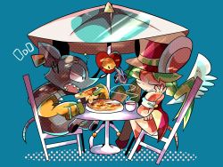 Rule 34 | 1girl, 2boys, animal ears, chair, coffee, coffee cup, cup, disposable cup, ear tag, food, gloves, green hair, hat, heart (mad rat dead), highres, leotard, mad rat, mad rat dead, mouse (animal), mouse ears, mouse girl, mouse tail, multiple boys, nippon ichi, pizza, rat god, sitting, stitches, tail, top hat, umbrella, wings, wrist cuffs