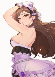 Rule 34 | 1girl, arm behind head, arms up, bare shoulders, breasts, brown eyes, brown hair, commentary request, cowboy shot, dress, dress flower, earrings, floating hair, floral print, flower, flower earrings, from side, gem, gloves, grey background, hair ornament, heart, heart hair ornament, highres, idolmaster, idolmaster million live!, idolmaster million live! theater days, jewelry, kitazawa shiho, layered dress, long hair, looking at viewer, looking to the side, medium breasts, necklace, nekoi mie, parted bangs, parted lips, pearl (gemstone), print dress, purple dress, purple flower, purple gloves, purple rose, rose, rose print, simple background, solo, standing, strapless, strapless dress, wavy hair