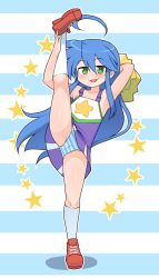 Rule 34 | 1girl, :3, :d, ahoge, armpits, blue background, blue hair, blue panties, blush, cameltoe, cheerleader, cleft of venus, commission, full body, highres, holding, holding own leg, holding pom poms, izumi konata, kaz (shade), long hair, looking at viewer, lucky star, mole, mole under eye, open mouth, outline, panties, pom pom (cheerleading), pom poms, red footwear, second-party source, simple background, smile, solo, split, standing, standing on one leg, standing split, star (symbol), striped background, striped clothes, striped panties, underwear, white background, white outline, white panties
