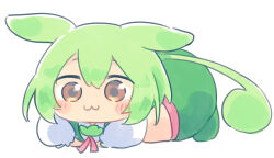 Rule 34 | :3, animal ears, ayakashi (monkeypanch), blush stickers, commentary, double-parted bangs, elbows on knees, full body, green hair, green shorts, long hair, low ponytail, lying, neck ribbon, no nose, on stomach, puffy short sleeves, puffy sleeves, red ribbon, ribbon, shirt, short sleeves, shorts, simple background, voiceroid, voicevox, white background, white shirt, yellow eyes, zundamon