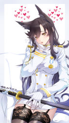 Rule 34 | 1girl, animal ears, atago (azur lane), azitama atsushi (attyuu), azur lane, black hair, black thighhighs, blush, breasts, brown eyes, buttons, closed mouth, dated, double-breasted, extra ears, flying sweatdrops, gloves, hair between eyes, hair ribbon, hand on own cheek, hand on own face, highres, holding, holding sword, holding weapon, jacket, katana, lace, lace-trimmed legwear, lace trim, large breasts, long hair, long sleeves, looking at viewer, medal, miniskirt, mole, mole under eye, no bra, open mouth, pencil skirt, ribbon, sheath, sheathed, sidelocks, simple background, sitting, skirt, solo, swept bangs, sword, taut jacket, thighhighs, uniform, weapon, white background, white gloves, white jacket, white ribbon