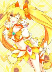Rule 34 | &gt; &lt;, 10s, 1girl, blonde hair, boots, bow, brooch, choker, cure sunshine, closed eyes, flower, hair ribbon, heart, heart brooch, heartcatch precure!, long hair, looking at viewer, magical girl, midriff, myoudouin itsuki, navel, one eye closed, orange bow, potpourri (heartcatch precure!), precure, ribbon, skirt, sunflower, twintails, wakataku, wink, wrist cuffs, yellow background, yellow bow, yellow eyes