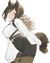 Rule 34 | 1girl, animal ears, arknights, belt, black gloves, black shorts, blush, breasts, brown hair, brown pantyhose, closed mouth, ear piercing, freckles, from side, gloves, high-waist shorts, highres, kochiya (gothope), large breasts, leaning forward, long hair, long sleeves, looking at viewer, looking to the side, low ponytail, pantyhose, pantyhose under shorts, piercing, raccoon ears, raccoon girl, raccoon tail, robin (arknights), shorts, simple background, solo, tail, thigh strap, underbust, white background, yellow eyes