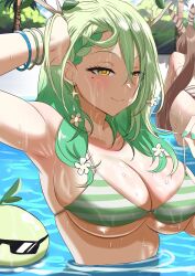 Rule 34 | 2girls, antlers, bikini, blush, bracelet, breasts, brown hair, ceres fauna, cleavage, closed mouth, earrings, feather hair ornament, feathers, flower, green hair, hair flower, hair ornament, high ponytail, highres, hololive, hololive english, horns, jewelry, large breasts, long hair, mole, mole under eye, multiple girls, nanashi mumei, partially submerged, pool, redi (rasec asdjh), sapling (ceres fauna), skindentation, smile, solo focus, strap pull, striped bikini, striped clothes, swimsuit, virtual youtuber, water, wet, yellow eyes