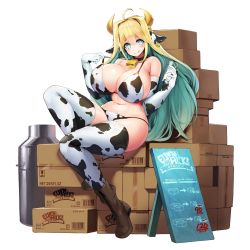 Rule 34 | 1girl, ahoge, animal ears, animal print, artist request, bell, bikini, blonde hair, blush, boots, box, breasts, cardboard box, choker, cleavage, collar, cow ears, cow girl, cow horns, cow print, cow print bikini, cowbell, curvy, ear tag, elbow gloves, elf, elven forest maker, elven forest maker (last origin), full body, game cg, glass, gloves, green hair, hair intakes, highres, horns, huge breasts, last origin, licking lips, long hair, looking at viewer, milk, milk churn, multicolored hair, navel, neck bell, nipples, official art, pointy ears, print bikini, pulled by self, sign, sitting, smile, snowball22, solo, strap pull, swimsuit, symbol-shaped pupils, tachi-e, thighhighs, tongue, tongue out, transparent background, two-tone hair