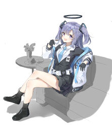 1girl absurdres airaila belt belt_pouch black_footwear black_gloves black_skirt black_socks black_vest blue_archive blue_hair blue_necktie breasts collared_shirt commentary_request couch crossed_legs cup disposable_cup gloves half_gloves halo hand_up highres holding holding_cup jacket long_sleeves looking_at_viewer mechanical_halo medium_breasts necktie on_couch open_clothes open_jacket open_mouth pouch purple_eyes shirt shoes simple_background sitting skirt smile socks solo teacup two_side_up vest white_background white_belt white_jacket white_shirt yuuka_(blue_archive)