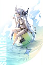 Rule 34 | 1girl, absurdres, ahoge, alternate costume, ball, beachball, bikini, black horns, braid, braided bangs, cirkus, food in mouth, frills, grey hair, highres, hololive, horns, la+ darknesss, long hair, multicolored hair, navel, pointy ears, popsicle, popsicle in mouth, purple hair, streaked hair, striped horns, swimsuit, tail, thigh strap, thighs, virtual youtuber, yellow eyes