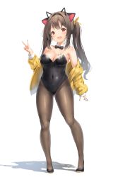 Rule 34 | 1girl, absurdres, animal ears, arm up, bare shoulders, black footwear, black leotard, black pantyhose, bow, bowtie, breasts, brown eyes, brown hair, cat ears, cleavage, covered navel, detached collar, groin, hairband, highres, jacket, keibeam, kittysuit, legs, leotard, long hair, nontraditional playboy bunny, off shoulder, open mouth, original, pantyhose, playboy bunny, shoes, smile, solo, strapless, strapless leotard, thighs, twintails, v, yellow jacket