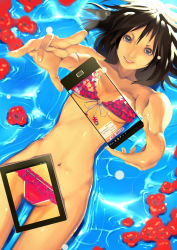 Rule 34 | 1girl, augmented reality, bikini, blue eyes, brown hair, cellphone, false clothes, flower, hibiscus, highres, navel, original, phone, reverse x-ray, short hair, smartphone, smile, solo, swimsuit, tablet pc, tororoto, water