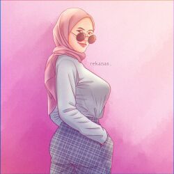 Rule 34 | 1girl, breasts, female focus, glasses, hands in pockets, hijab, huge breasts, looking at viewer, rekanas, shirt tucked in, simple background