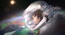 Rule 34 | 1girl, astronaut, black hair, blue eyes, chinese commentary, earth (planet), from side, highres, jueduihuoli, lens flare, looking down, planet, science fiction, solo, space, space station, sphere soldier (ultraman), ultra series, ultraman decker (series)